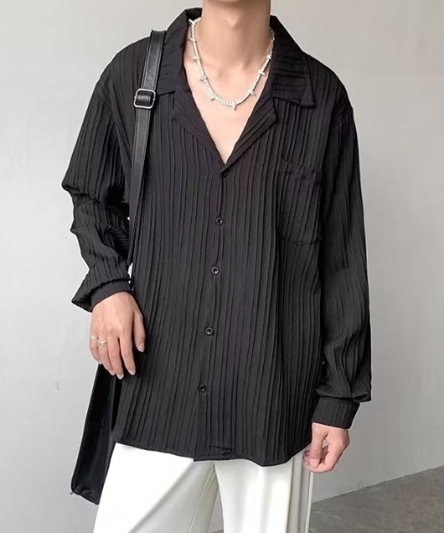 link lot(リンクロット)の「【26年秋冬新作アイテム】エンボス加工ストライプオープンカラー長袖シャツ(シャツ/ブラウス・メンズ・ベージュ/ブラック/ホワイト・M/L)」の4枚目の写真