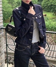 配色ステッチ クロップドデニムジャケット