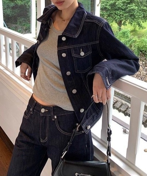 Teem Store（チームストア）の「配色ステッチ クロップドデニムジャケット（デニムジャケット・レディース・ブルー・M）」の2枚目の写真