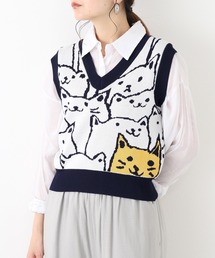 ねこ総柄ジャガードVネックニットベスト