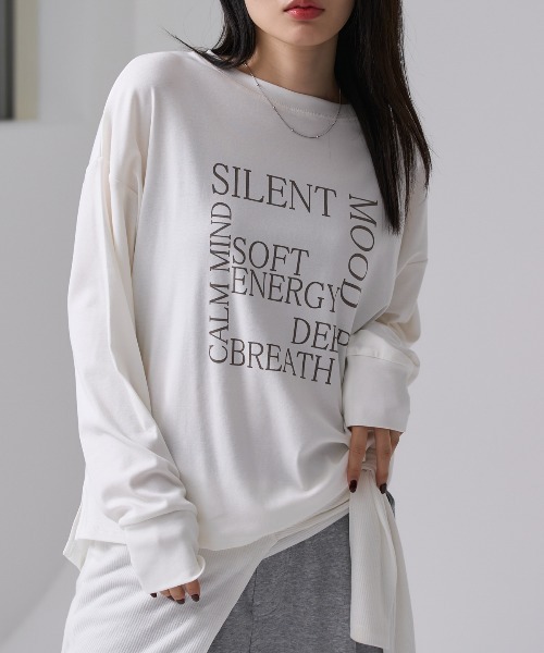 スクエアロゴプリント オーバーサイズTシャツ / 綿混ストレッチ
