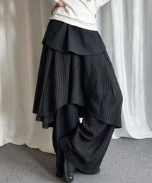 ピンストライプアシンメトリー レイヤード ワイドパンツ