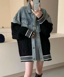 デニム切り替えセーターコート