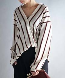 antiqua | レトロストライプ柄バックVノーカーラーシャツ(シャツ/ブラウス)