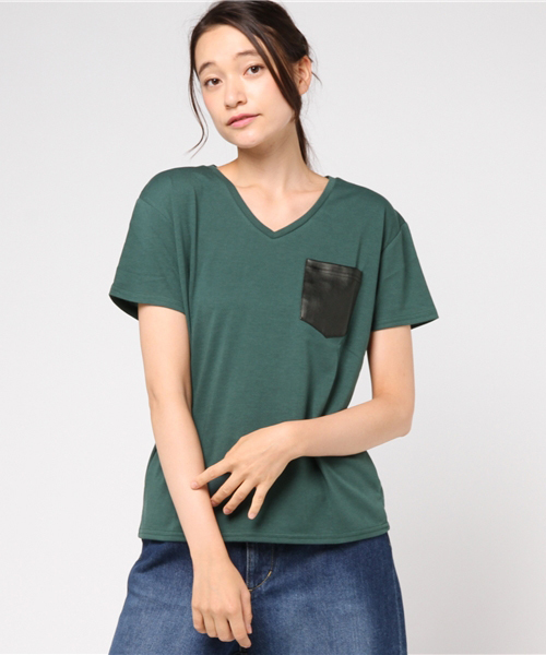 VENCEEXCHANGE(ヴァンスエクスチェンジ)の「フェイクレザーポケットTシャツ (Tシャツ/カットソー・レディース・オフホワイト/ダークグリーン/ブラック・MEDIUM)」の3枚目の写真