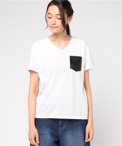 VENCEEXCHANGE(ヴァンスエクスチェンジ)の「フェイクレザーポケットTシャツ (Tシャツ/カットソー・レディース・オフホワイト/ダークグリーン/ブラック・MEDIUM)」の4枚目の写真