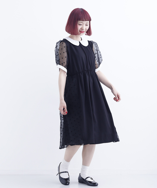 Merlot メルロー の ちょこびさんコラボ ドットシアー袖襟付きワンピース7546 ワンピース Wear