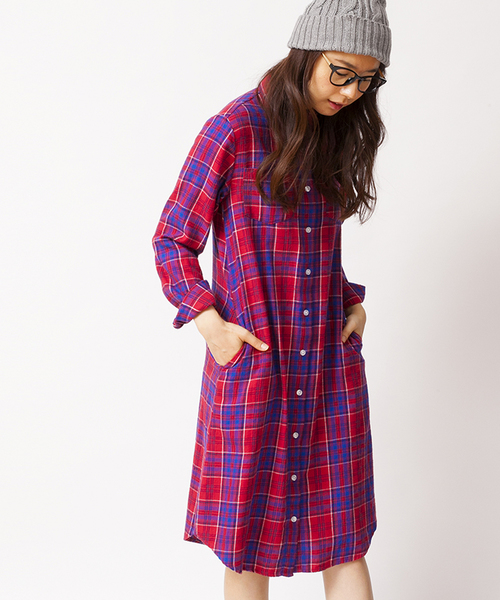 WEGO（ウィゴー）の「WEGO/ネルチェックシャツワンピース（シャツワンピース・レディース・グリーン/レッド/オレンジ・FREE）」の3枚目の写真