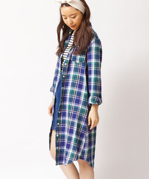 WEGO（ウィゴー）の「WEGO/ネルチェックシャツワンピース（シャツワンピース・レディース・グリーン/レッド/オレンジ・FREE）」の2枚目の写真