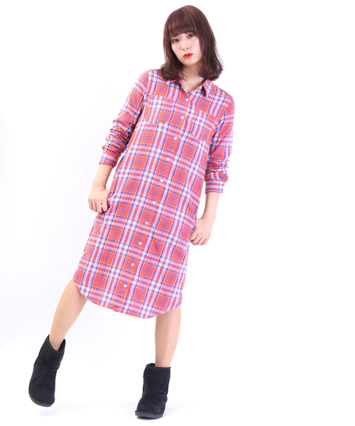 WEGO（ウィゴー）の「WEGO/ネルチェックシャツワンピース（シャツワンピース・レディース・グリーン/レッド/オレンジ・FREE）」の7枚目の写真