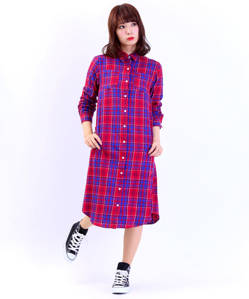 WEGO（ウィゴー）の「WEGO/ネルチェックシャツワンピース（シャツワンピース・レディース・グリーン/レッド/オレンジ・FREE）」の9枚目の写真