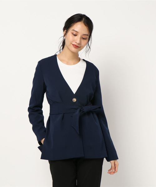 KOBE LETTUCE（コウベレタス）の「ウエストベルト付きサイドスリットベルテッドジャケット（ノーカラージャケット・レディース・ネイビー/ミント/ベージュ系その他・FREE）」の3枚目の写真