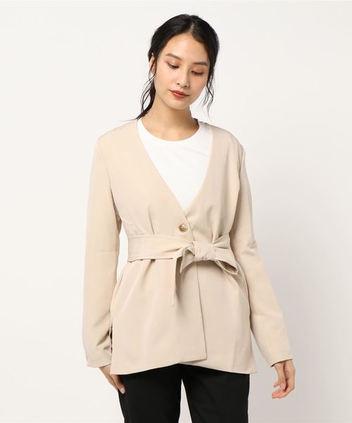 KOBE LETTUCE（コウベレタス）の「ウエストベルト付きサイドスリットベルテッドジャケット（ノーカラージャケット・レディース・ネイビー/ミント/ベージュ系その他・FREE）」の4枚目の写真