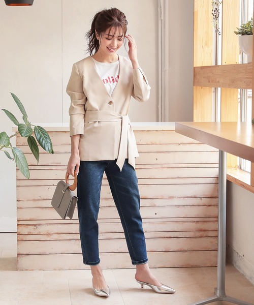 KOBE LETTUCE（コウベレタス）の「ウエストベルト付きサイドスリットベルテッドジャケット（ノーカラージャケット・レディース・ネイビー/ミント/ベージュ系その他・FREE）」の9枚目の写真