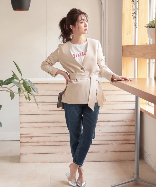 KOBE LETTUCE（コウベレタス）の「ウエストベルト付きサイドスリットベルテッドジャケット（ノーカラージャケット・レディース・ネイビー/ミント/ベージュ系その他・FREE）」の14枚目の写真