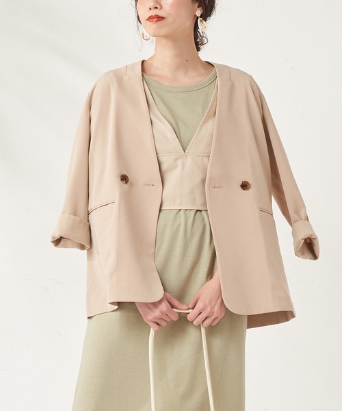 natural couture（ナチュラルクチュール）の「おしゃれノーカラージャケット（ノーカラージャケット・レディース・ベージュ/ミント/ラベンダー・FREE）」の2枚目の写真