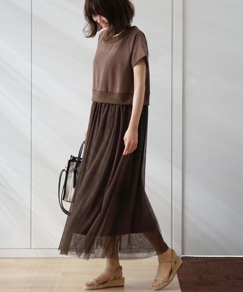 GeeRA（ジーラ）の「異素材切替チュールロングワンピース（ワンピース・レディース・ブラウン/ブラック・LARGE/MEDIUM）」の5枚目の写真