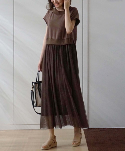 GeeRA（ジーラ）の「異素材切替チュールロングワンピース（ワンピース・レディース・ブラウン/ブラック・LARGE/MEDIUM）」の4枚目の写真