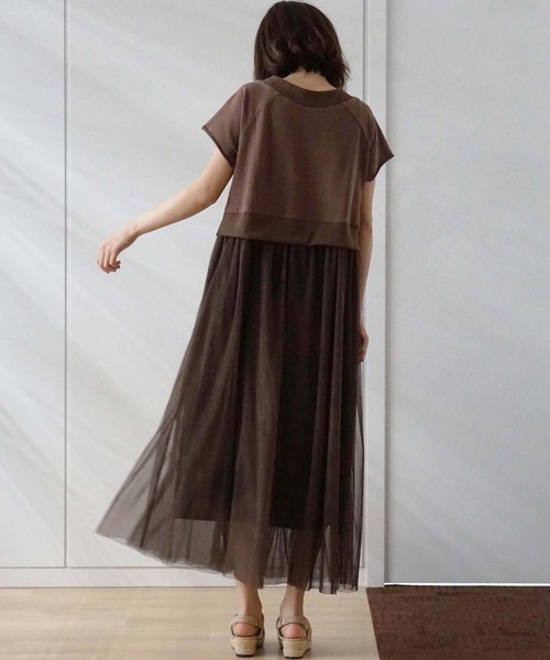 GeeRA（ジーラ）の「異素材切替チュールロングワンピース（ワンピース・レディース・ブラウン/ブラック・LARGE/MEDIUM）」の6枚目の写真