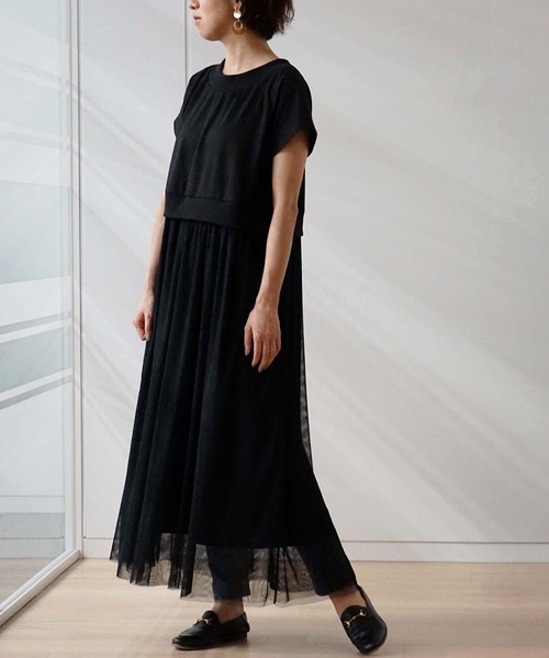 GeeRA（ジーラ）の「異素材切替チュールロングワンピース（ワンピース・レディース・ブラウン/ブラック・LARGE/MEDIUM）」の7枚目の写真
