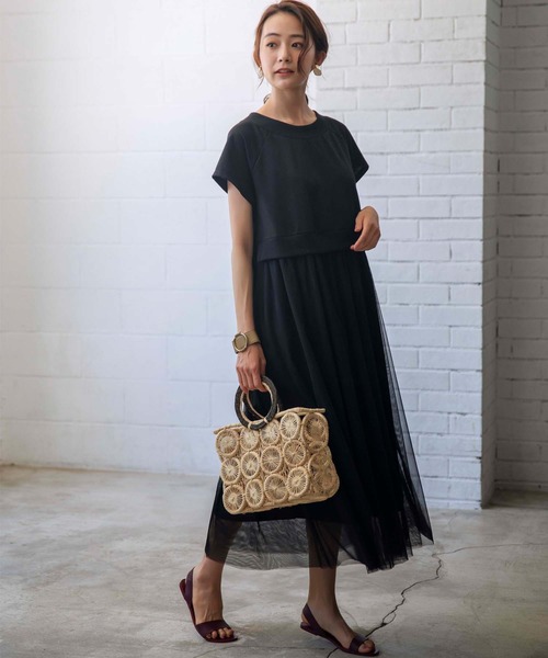 GeeRA（ジーラ）の「異素材切替チュールロングワンピース（ワンピース・レディース・ブラウン/ブラック・LARGE/MEDIUM）」の9枚目の写真