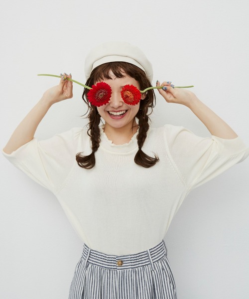 MERLOT（メルロー）の「ハーフスリーブスタンドフリルニット（ニット/セーター・レディース・ホワイト/ブラック/イエロー/グリーン・FREE）」の7枚目の写真