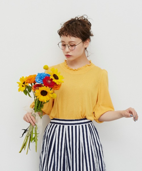 MERLOT（メルロー）の「ハーフスリーブスタンドフリルニット（ニット/セーター・レディース・ホワイト/ブラック/イエロー/グリーン・FREE）」の13枚目の写真