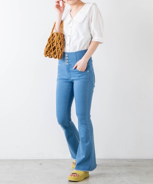 WEGO(ウィゴー)の「WEGO/ハイウエストストレッチフレアパンツ(デニムパンツ・レディース・ブラック/ライトインディゴブルー・FREE)」の8枚目の写真
