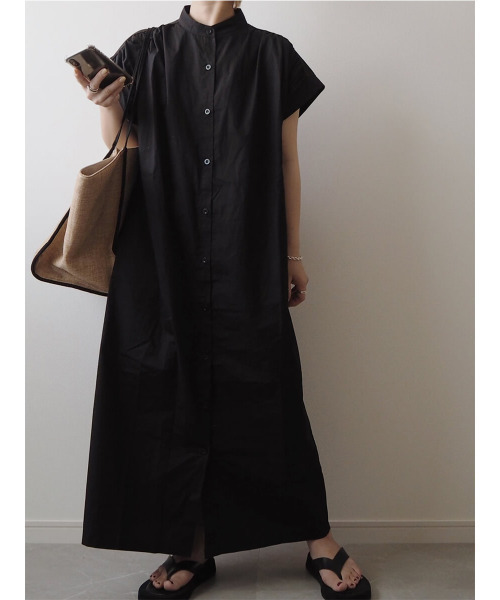 ISOOK（アイスー）の「Stand collar shirt one-piece / スタンドカラーシャツワンピース（mi select）（シャツワンピース・レディース・ダークベージュ/ブラック・FREE）」の6枚目の写真