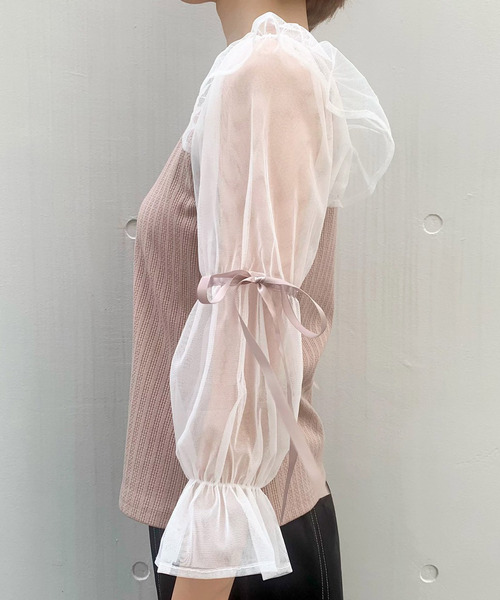 TITTY&CO.(ティティーアンドコー)の「ダブルパフチュールトップス(Tシャツ/カットソー・レディース・ブラック/ベージュ/ピンク・FREE)」の6枚目の写真