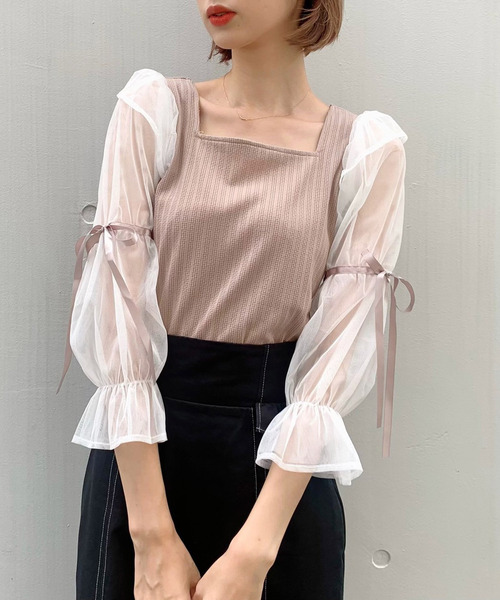 TITTY&CO.(ティティーアンドコー)の「ダブルパフチュールトップス(Tシャツ/カットソー・レディース・ブラック/ベージュ/ピンク・FREE)」の10枚目の写真