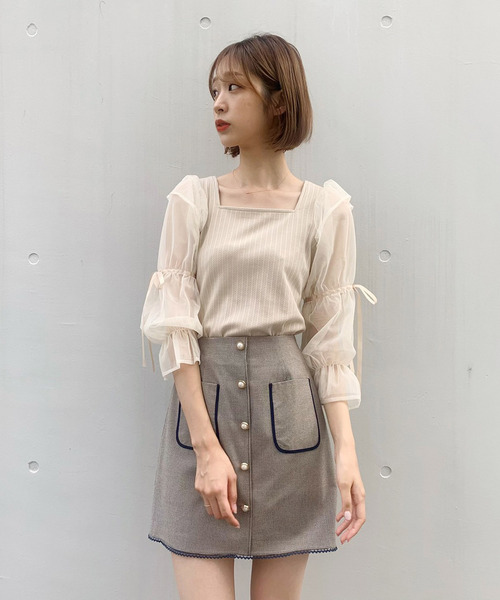 TITTY&CO.(ティティーアンドコー)の「ダブルパフチュールトップス(Tシャツ/カットソー・レディース・ブラック/ベージュ/ピンク・FREE)」の4枚目の写真