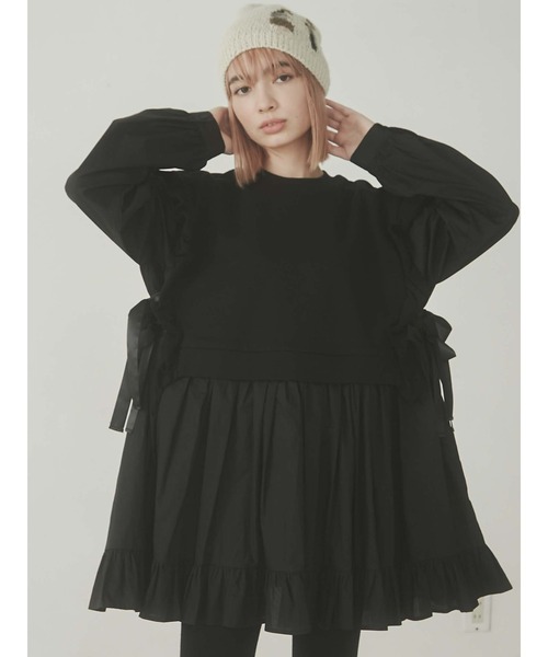 merry jenny（メリージェニー）の「サイドリボンスウェットレイヤードワンピース（ワンピース・レディース・ブラック/ブラウン/オフホワイト・FREE）」の3枚目の写真