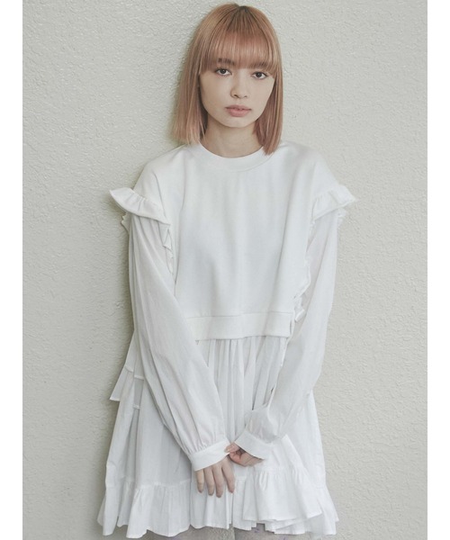 merry jenny（メリージェニー）の「サイドリボンスウェットレイヤードワンピース（ワンピース・レディース・ブラック/ブラウン/オフホワイト・FREE）」の5枚目の写真