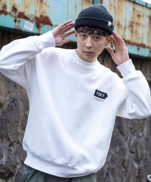 PONY(ポニー)の「PONY別注ロゴ裏起毛クルーネックスウェット(スウェット・メンズ・パープル/ホワイト・X-LARGE/SMALL/LARGE/MEDIUM)」の4枚目の写真