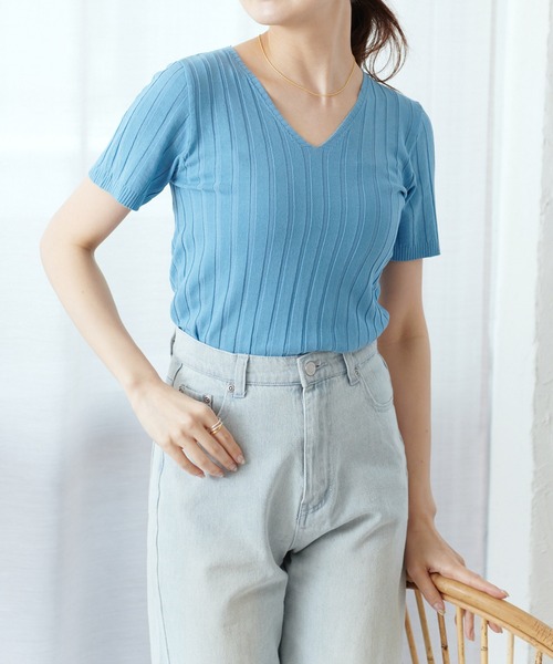 Lamoa（ラモア）の「Lamoa/Vネック 半袖 ベーシック リブトップス（Tシャツ/カットソー・レディース・ホワイト/ブラック/ピンク/イエロー/オレンジ/ブルー/グリーン/アイボリー・FREE）」の6枚目の写真