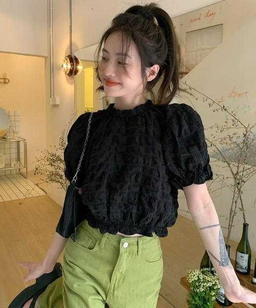 LAC-VERT（ラック・ヴェール）の「シフォンフリルパフスリーブクロップドトップス（シャツ/ブラウス・レディース・ホワイト/ブラック・FREE）」の8枚目の写真