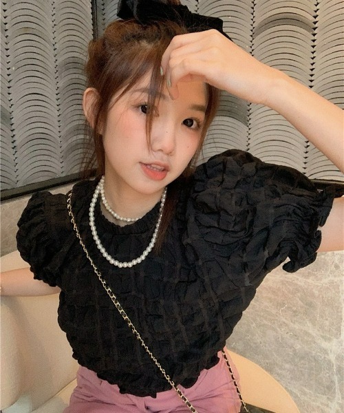 LAC-VERT（ラック・ヴェール）の「シフォンフリルパフスリーブクロップドトップス（シャツ/ブラウス・レディース・ホワイト/ブラック・FREE）」の13枚目の写真