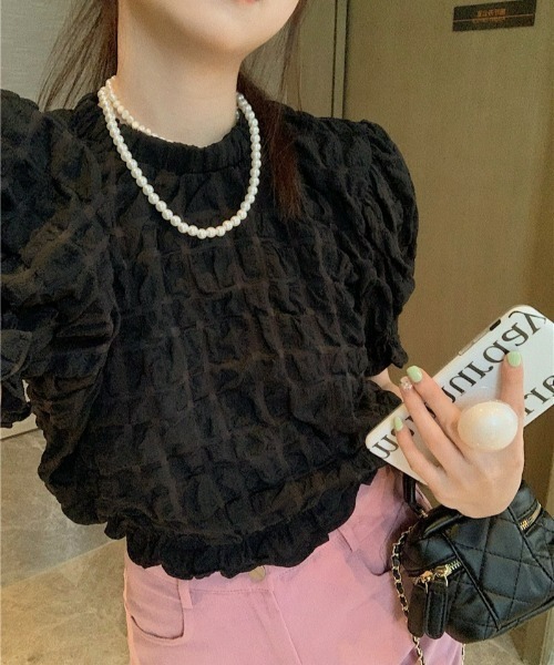 LAC-VERT（ラック・ヴェール）の「シフォンフリルパフスリーブクロップドトップス（シャツ/ブラウス・レディース・ホワイト/ブラック・FREE）」の17枚目の写真