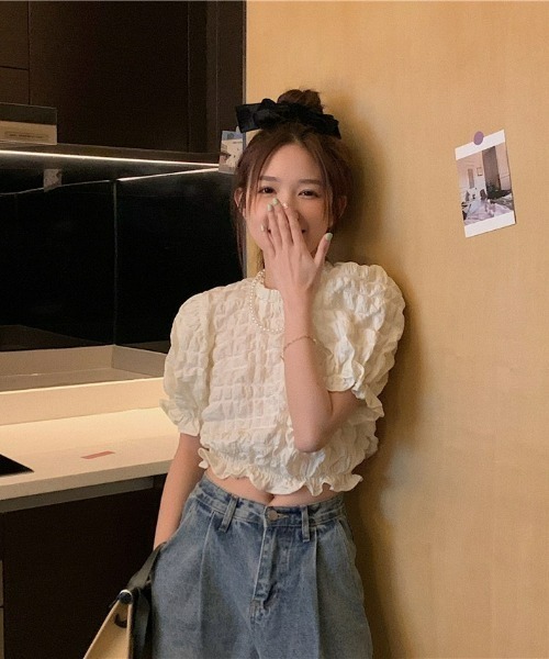 LAC-VERT（ラック・ヴェール）の「シフォンフリルパフスリーブクロップドトップス（シャツ/ブラウス・レディース・ホワイト/ブラック・FREE）」の9枚目の写真