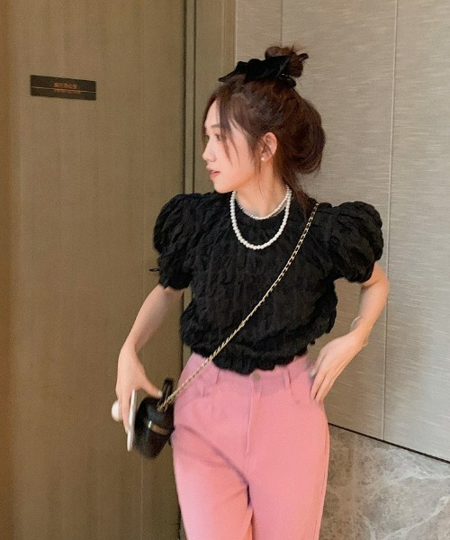 LAC-VERT（ラック・ヴェール）の「シフォンフリルパフスリーブクロップドトップス（シャツ/ブラウス・レディース・ホワイト/ブラック・FREE）」の21枚目の写真