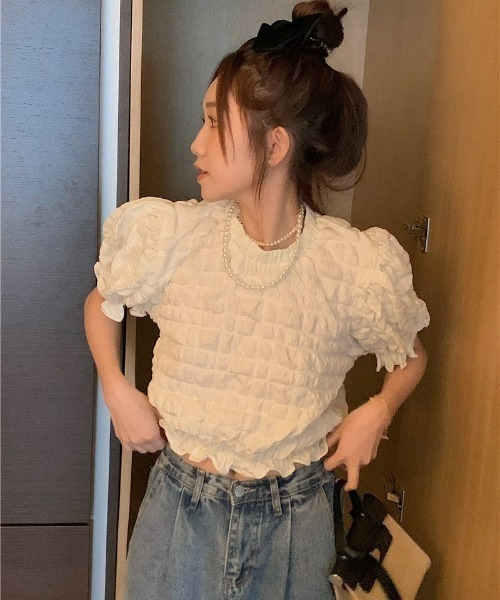 LAC-VERT（ラック・ヴェール）の「シフォンフリルパフスリーブクロップドトップス（シャツ/ブラウス・レディース・ホワイト/ブラック・FREE）」の6枚目の写真