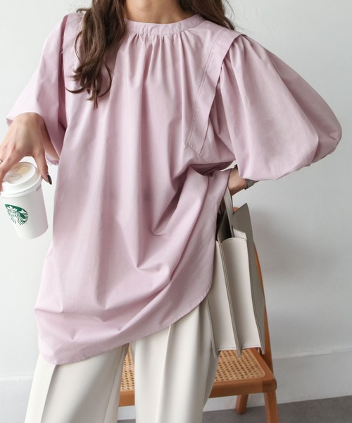 Chillfar（チルファー）の「後ろリボン5分袖ギャザーチュニック（チュニック・レディース・ブラック/オフホワイト/ピンク・FREE）」の3枚目の写真