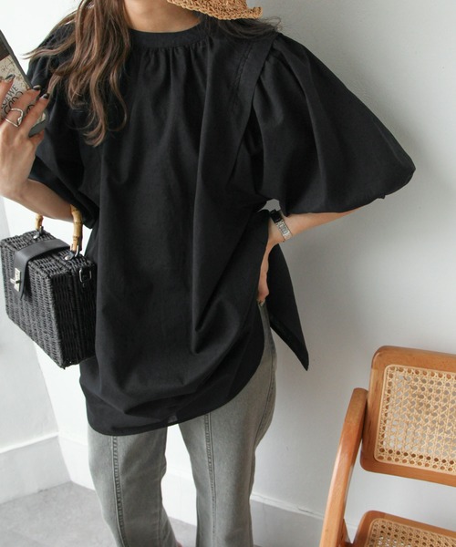 Chillfar（チルファー）の「後ろリボン5分袖ギャザーチュニック（チュニック・レディース・ブラック/オフホワイト/ピンク・FREE）」の2枚目の写真