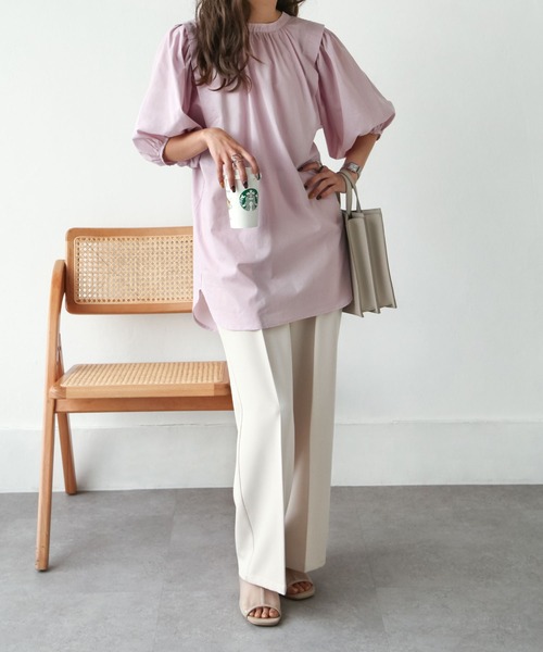 Chillfar（チルファー）の「後ろリボン5分袖ギャザーチュニック（チュニック・レディース・ブラック/オフホワイト/ピンク・FREE）」の14枚目の写真