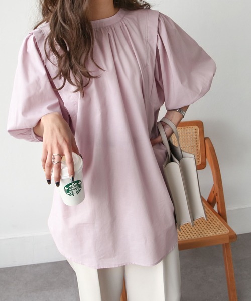 Chillfar（チルファー）の「後ろリボン5分袖ギャザーチュニック（チュニック・レディース・ブラック/オフホワイト/ピンク・FREE）」の15枚目の写真