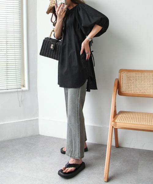 Chillfar（チルファー）の「後ろリボン5分袖ギャザーチュニック（チュニック・レディース・ブラック/オフホワイト/ピンク・FREE）」の10枚目の写真