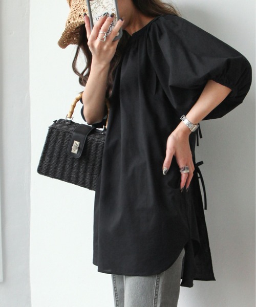 Chillfar（チルファー）の「後ろリボン5分袖ギャザーチュニック（チュニック・レディース・ブラック/オフホワイト/ピンク・FREE）」の12枚目の写真