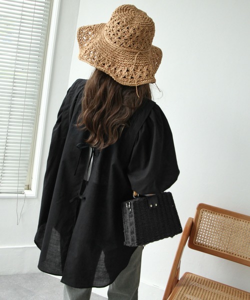 Chillfar（チルファー）の「後ろリボン5分袖ギャザーチュニック（チュニック・レディース・ブラック/オフホワイト/ピンク・FREE）」の13枚目の写真