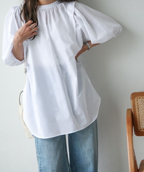 Chillfar（チルファー）の「後ろリボン5分袖ギャザーチュニック（チュニック・レディース・ブラック/オフホワイト/ピンク・FREE）」の5枚目の写真